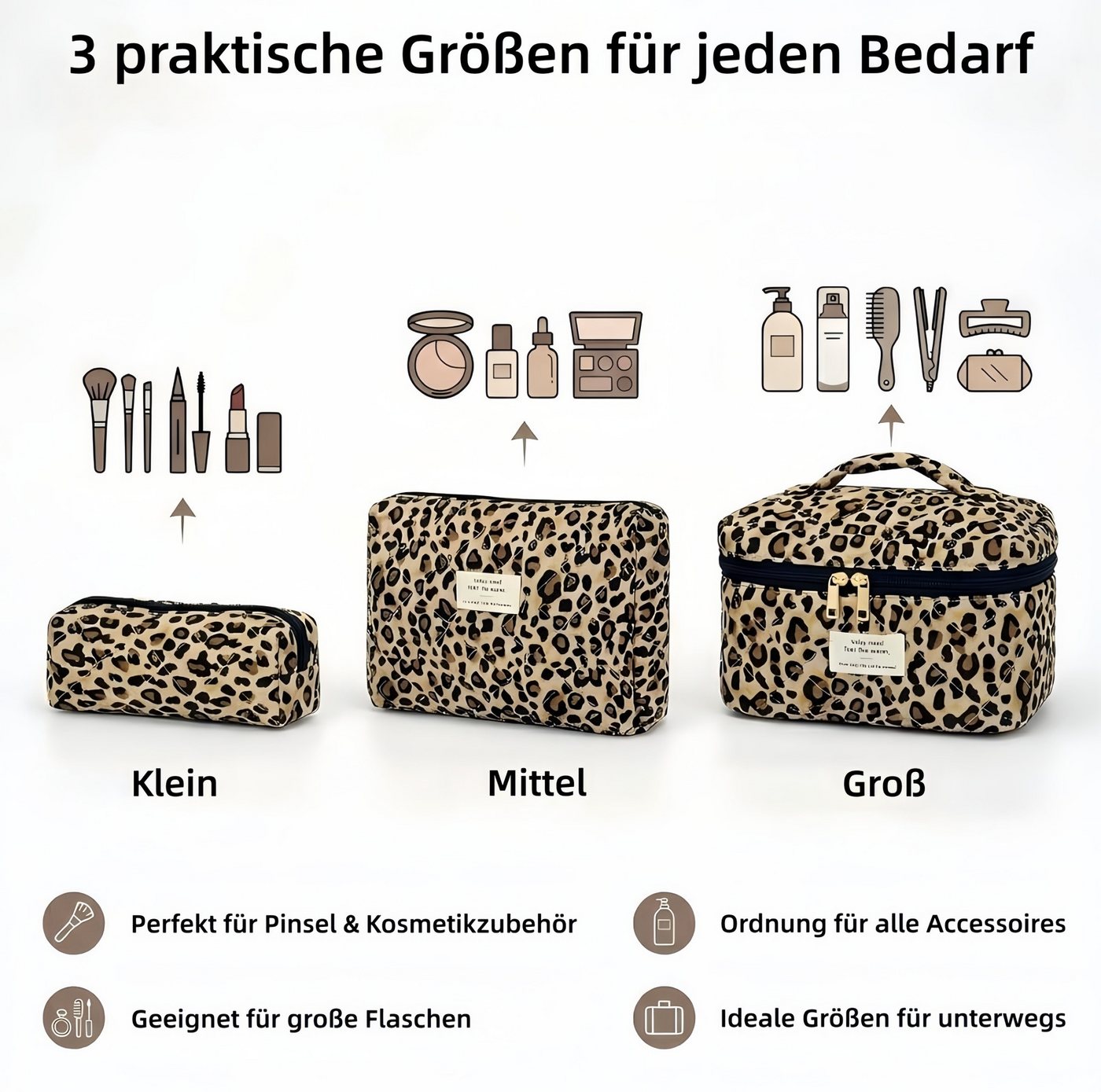 FOUORTUNATE-BEE Kosmetiktasche 3er Set Leopard Kosmetiktaschen für Damen (3-tlg), Klassische Kosmetiktaschen im Leopardenmuster für Frauen Bild 2