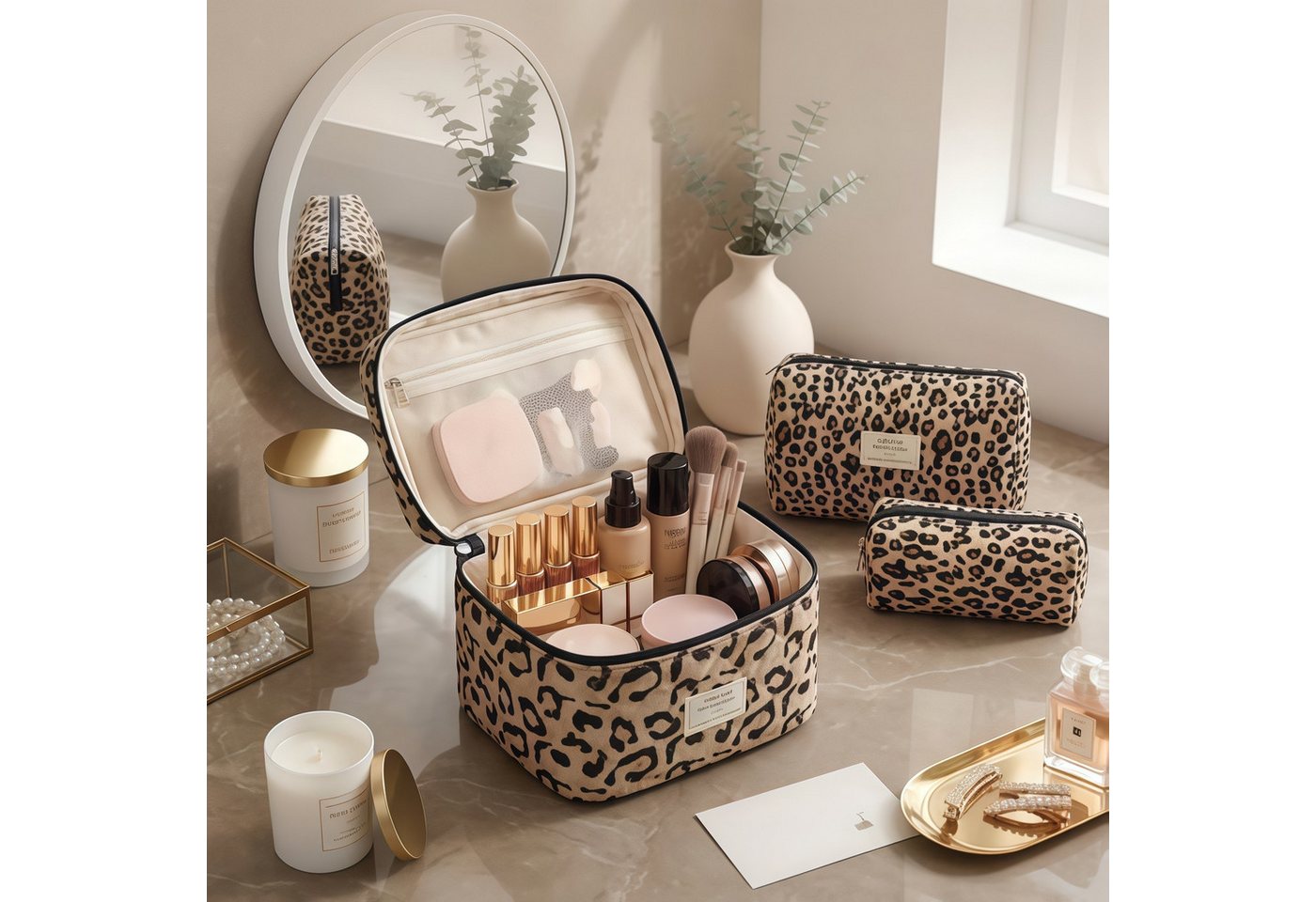 FOUORTUNATE-BEE Kosmetiktasche 3er Set Leopard Kosmetiktaschen für Damen (3-tlg), Klassische Kosmetiktaschen im Leopardenmuster für Frauen Bild 3