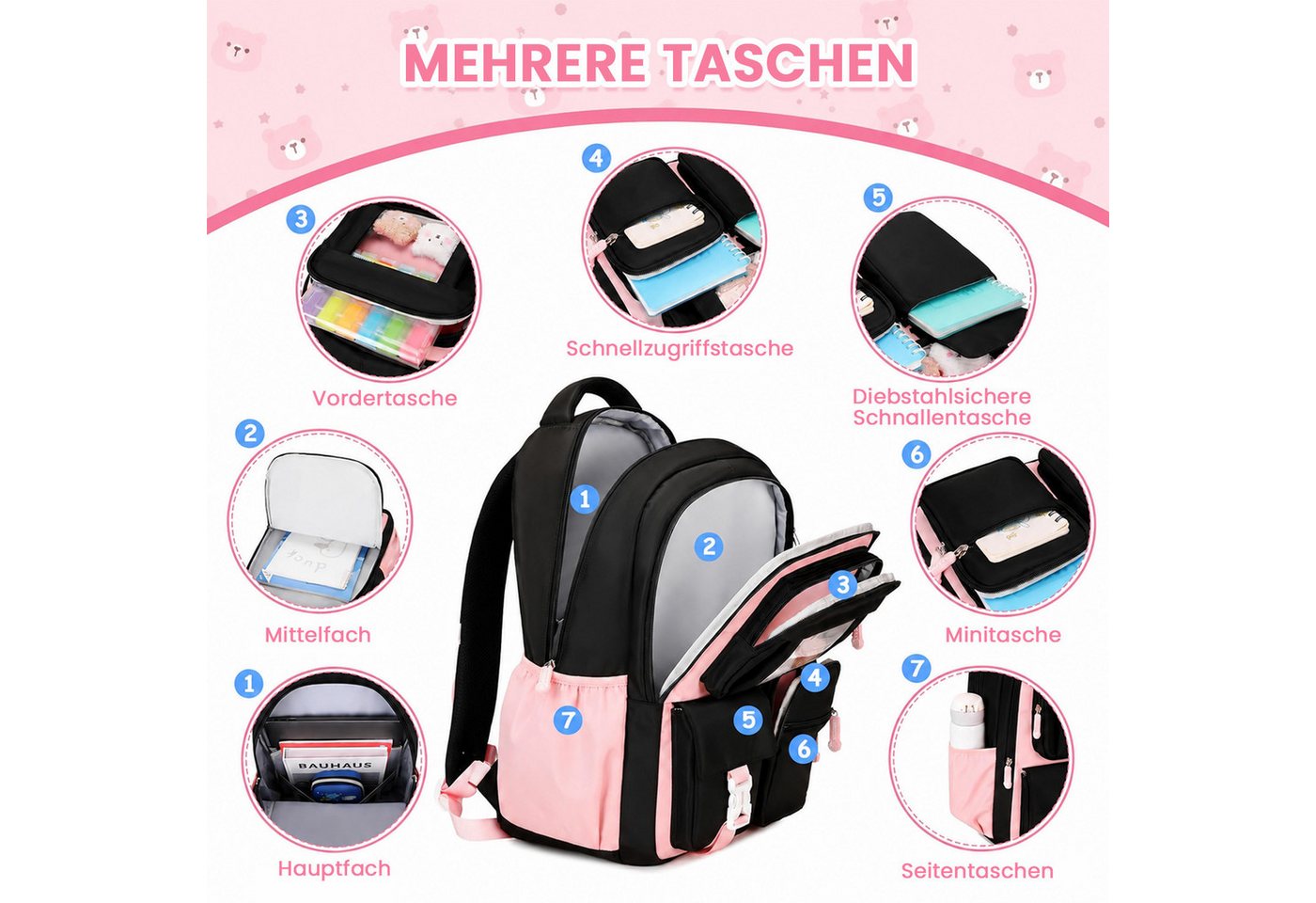 MOPUEA Schulrucksack Atmungsaktiv Schulrucksack Rucksack Schultasche Büchertasche, Turnbeutel Lässiger Schulranzen Jungen Teenager Multi-Tasche Daypacks