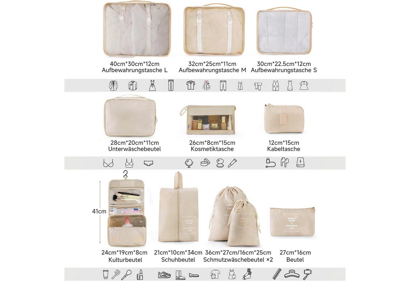 OSTWOLKE Kofferorganizer 11-teilig Koffer Organizer Set Packing Cubes für Urlaub Reisen, Wasserdicht, mit Kosmetiktasche, Schuhbeutel, Kulturbeutel Bild 3