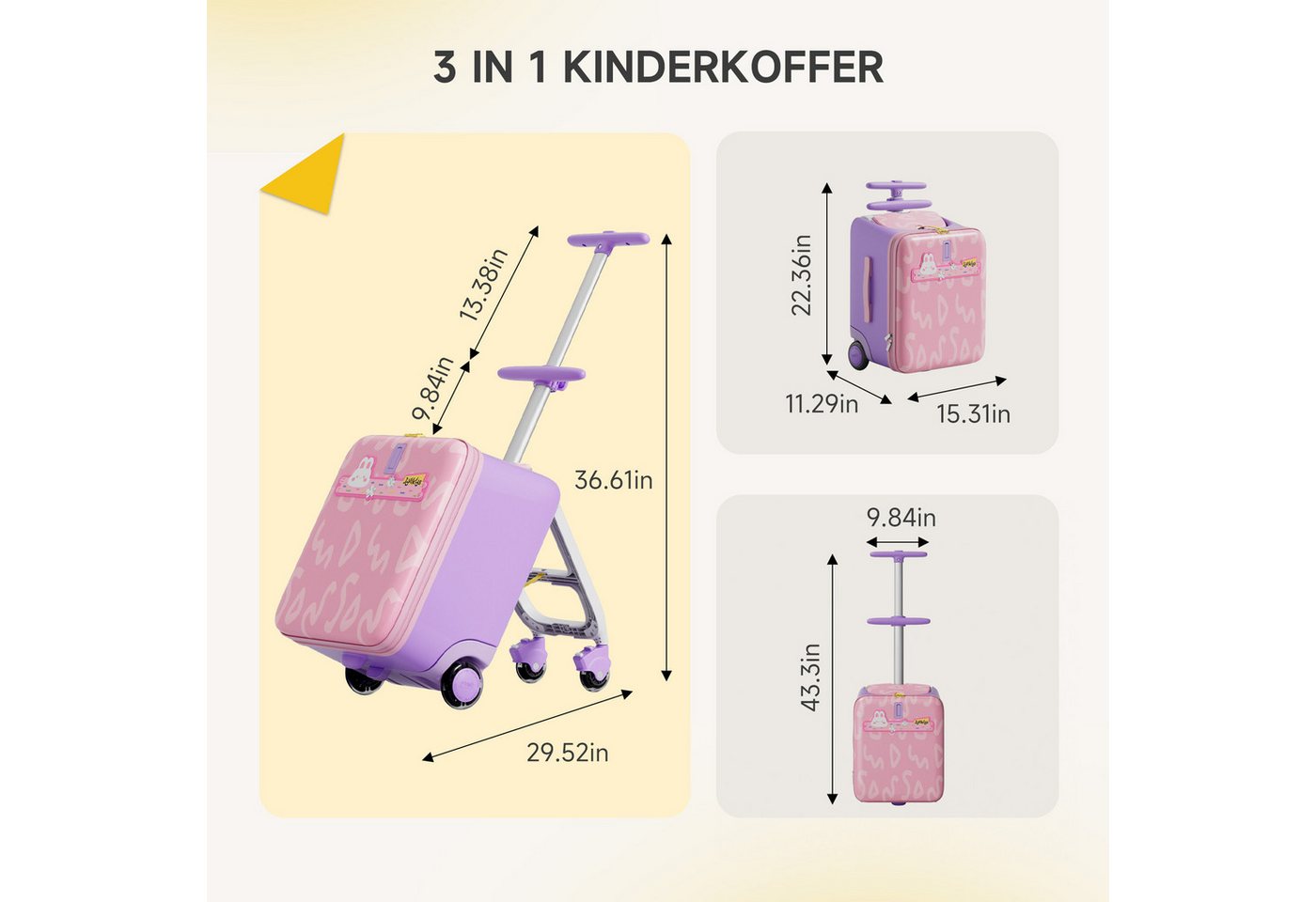 Jovikids Kinderkoffer 3-in-1-Reisekoffer mit Universalrollen & Armlehnen, 4 Rollen, für Kinder ab 3 Jahren, 38L großer Handgepäck-Trolley Bild 3