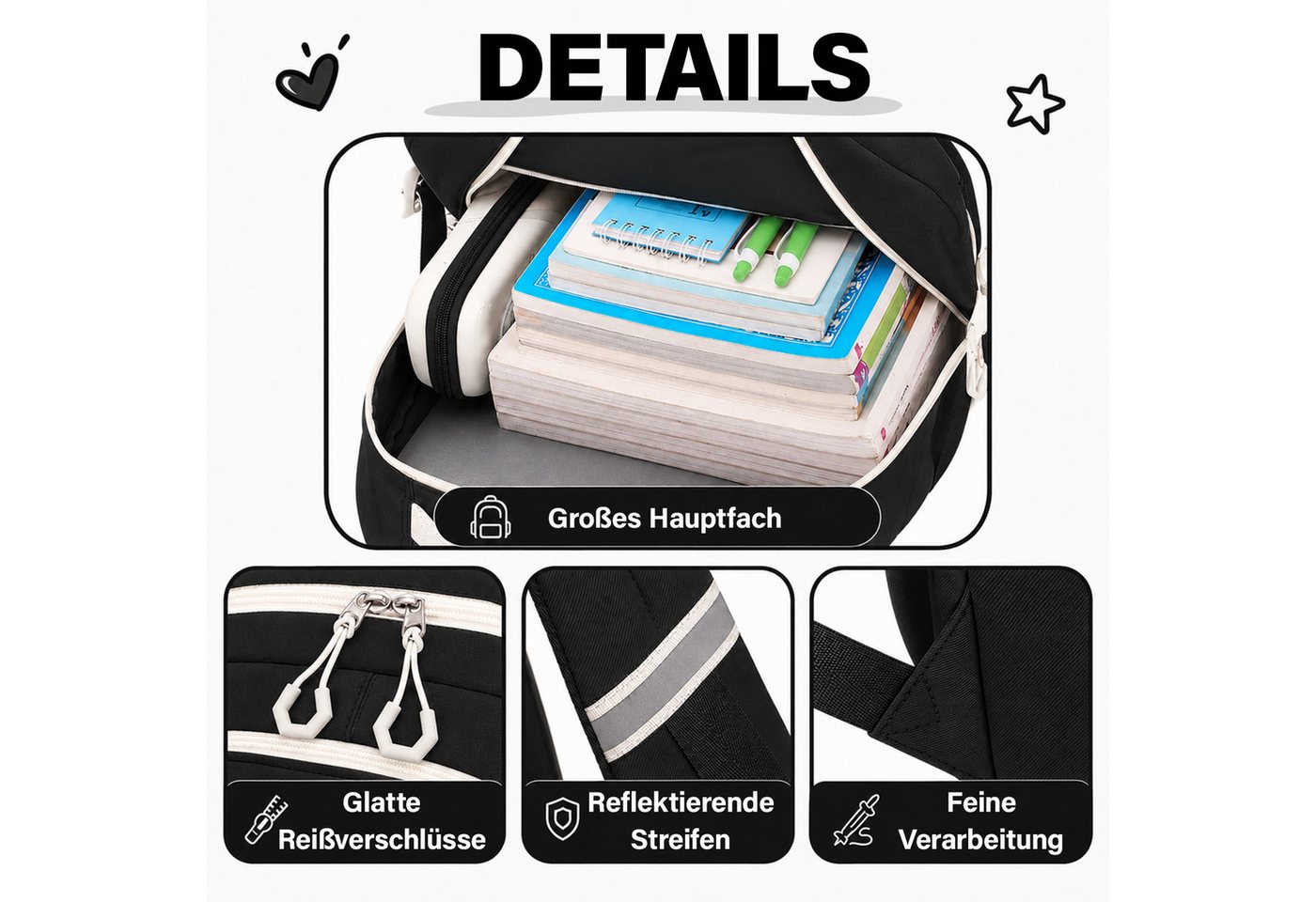 MOPUEA Schulrucksack Schulrucksack Mädchen Teenager (Rucksack Set mit Schultasche und Nachhilfetasche, 2-tlg., Für Grundschule und weiterführende Schule mit Laptopfach), Leicht Großes Volumen Kawaii Design Wasserabweisend Bild 4
