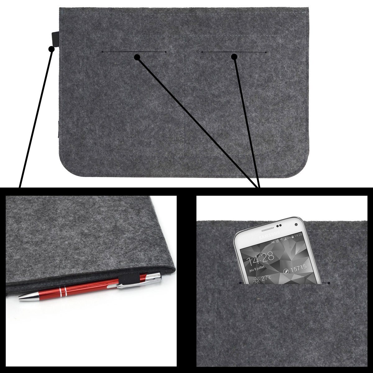 DuneDesign Businesstasche 13.3'' Filz Laptop-Tasche 35x24 cm Tablet Hülle, MacBook Pro Air iPad Net Grau