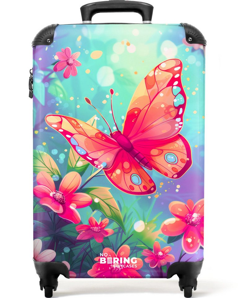 NoBoringSuitcases.com© Kinderkoffer Schmetterling - Blumen - Farbenfroh 55x35x20cm, 4 Rollen, Reisetasche mit Rollen, Koffer Handgepäck Flugzeug