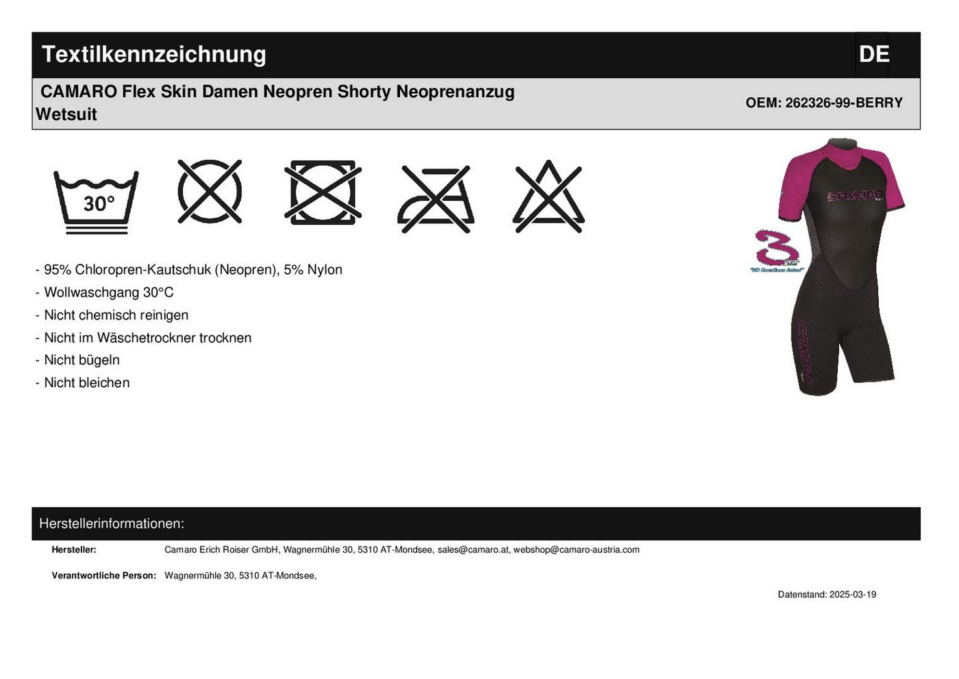 Camaro Neoprenanzug CAMARO Flex Skin Damen 3mm Neopren Shorty Neoprenanzug Wetsuit Bild 5