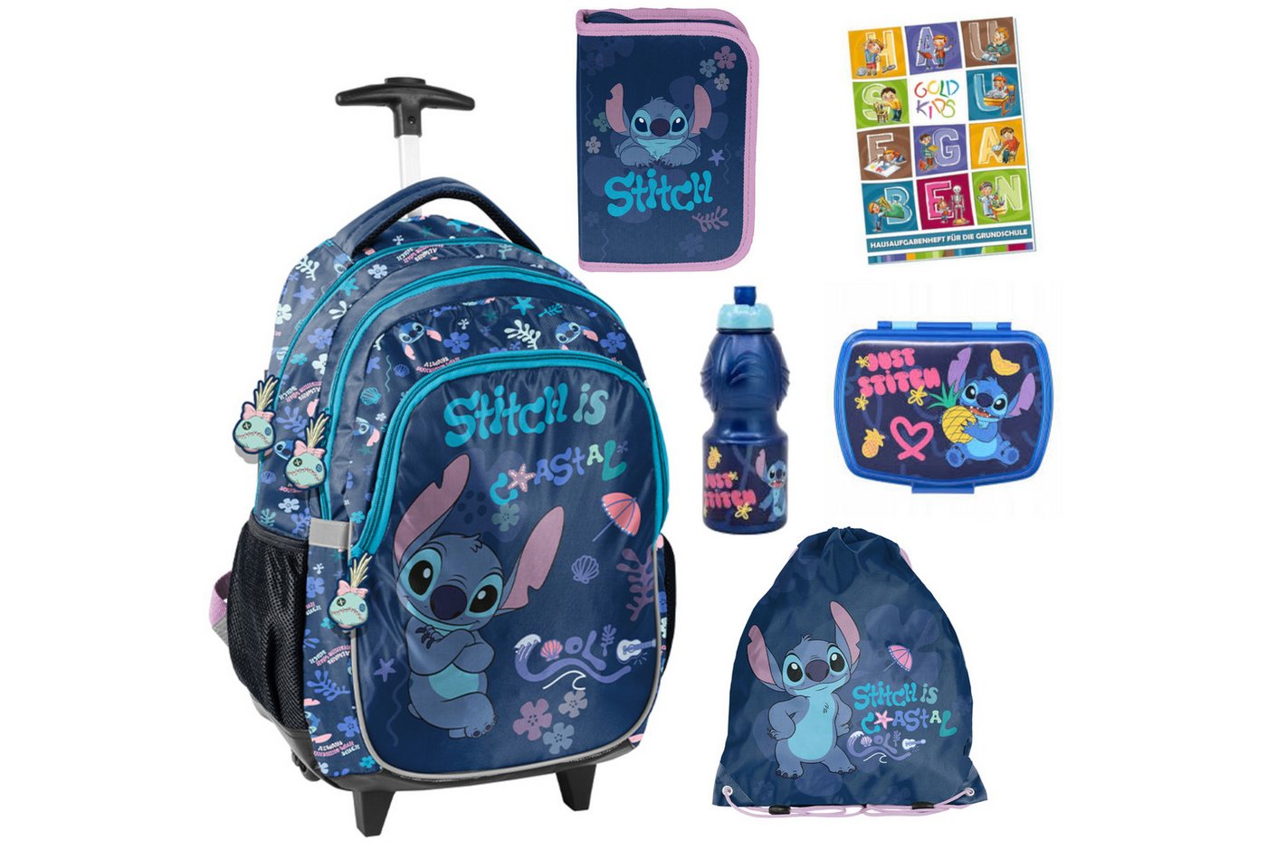 GOLDKIDS Schulranzen Schulranzen für Jungen und Mädchen, 4er-Set - (Trolley-Schulrucksack für Kinder mit Federmäppchen, 6-tlg., - Schuhbeutel und Hausaufgabenheft), - 1-3 Klasse