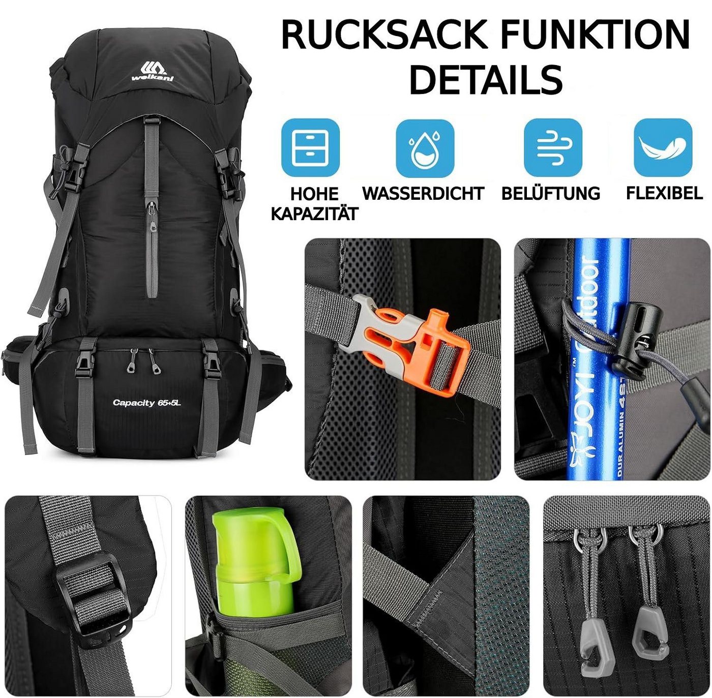 ibettertec Reiserucksack, 70L Trekkingrucksack Reiserucksack Outdoorrucksack mit Hüftgurt (mit Hüftgurt), Separatem Schuhfach, wasserdicht, ultraleicht und reißfest.