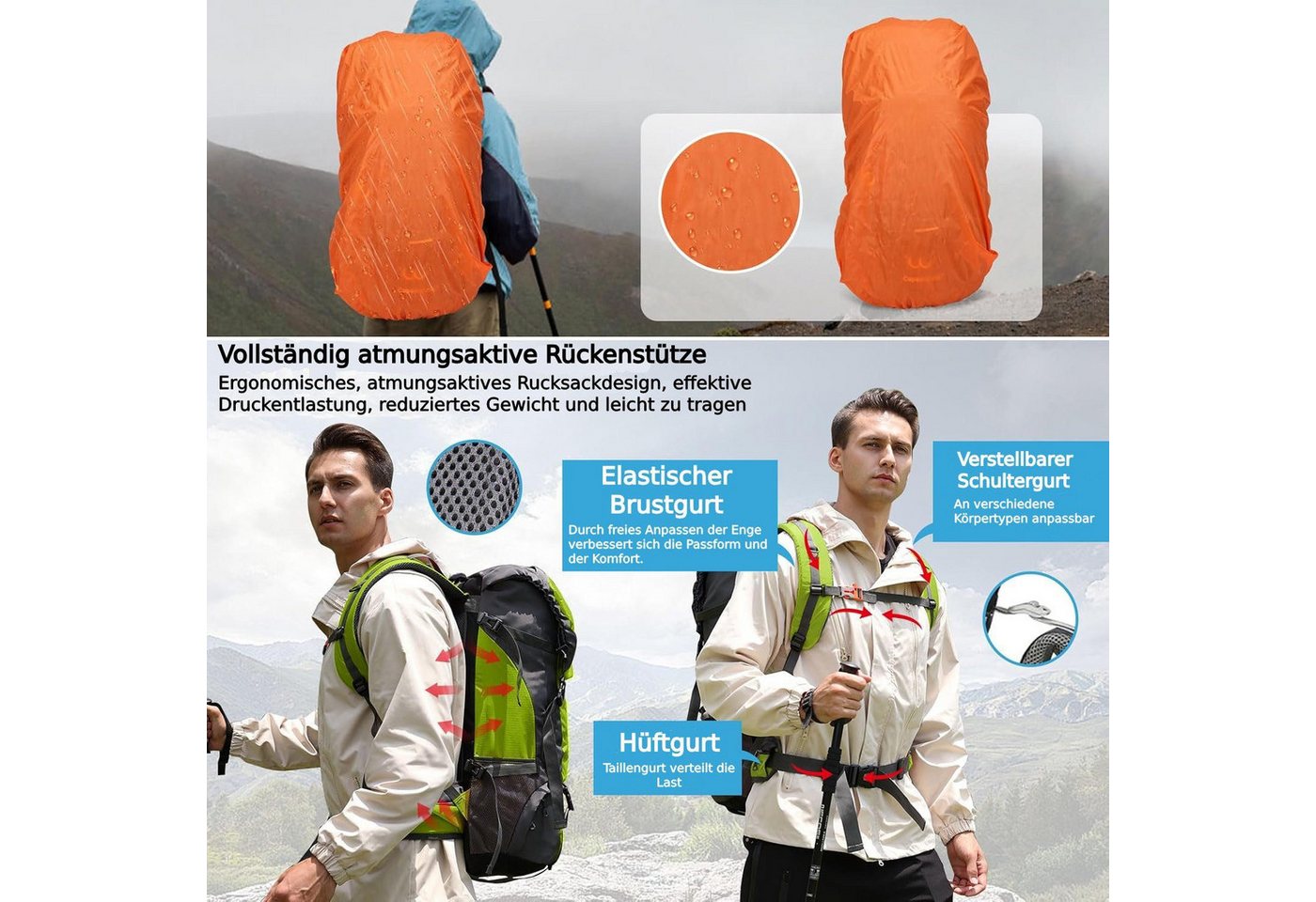 ibettertec Reiserucksack, 70L Trekkingrucksack Reiserucksack Outdoorrucksack mit Hüftgurt (mit Hüftgurt), Separatem Schuhfach, wasserdicht, ultraleicht und reißfest. Bild 3