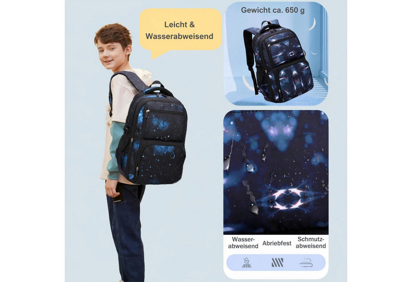 MOPUEA Schulrucksack Schulrucksack-Set 3 Stk. Schultasche Teenager Turnbeutel Rucksack (Set, 1-tlg., Atmungsaktivität & Rückenschutz für gesundes Tragen), Praktisches Fächersystem für Ordnung & Übersicht Bild 2