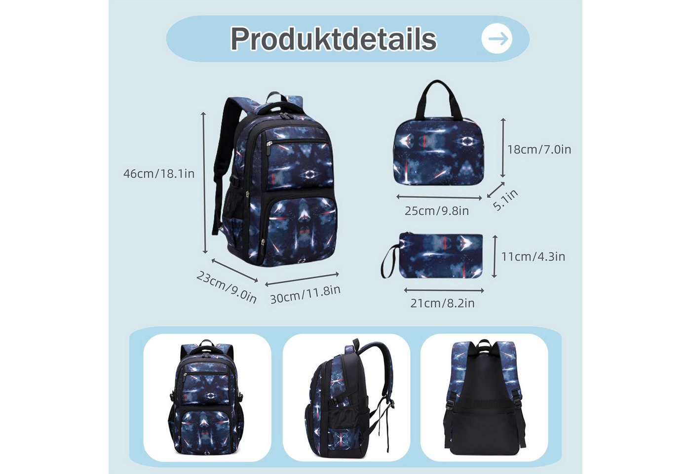 MOPUEA Schulrucksack Schulrucksack-Set 3 Stk. Schultasche Teenager Turnbeutel Rucksack (Set, 1-tlg., Atmungsaktivität & Rückenschutz für gesundes Tragen), Praktisches Fächersystem für Ordnung & Übersicht Bild 4