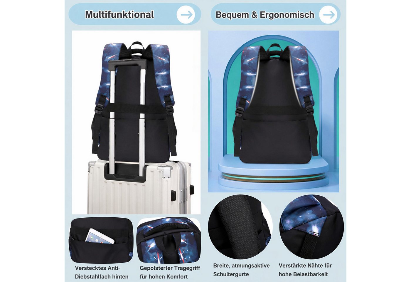 MOPUEA Schulrucksack Schulrucksack-Set 3 Stk. Schultasche Teenager Turnbeutel Rucksack (Set, 1-tlg., Atmungsaktivität & Rückenschutz für gesundes Tragen), Praktisches Fächersystem für Ordnung & Übersicht Bild 5