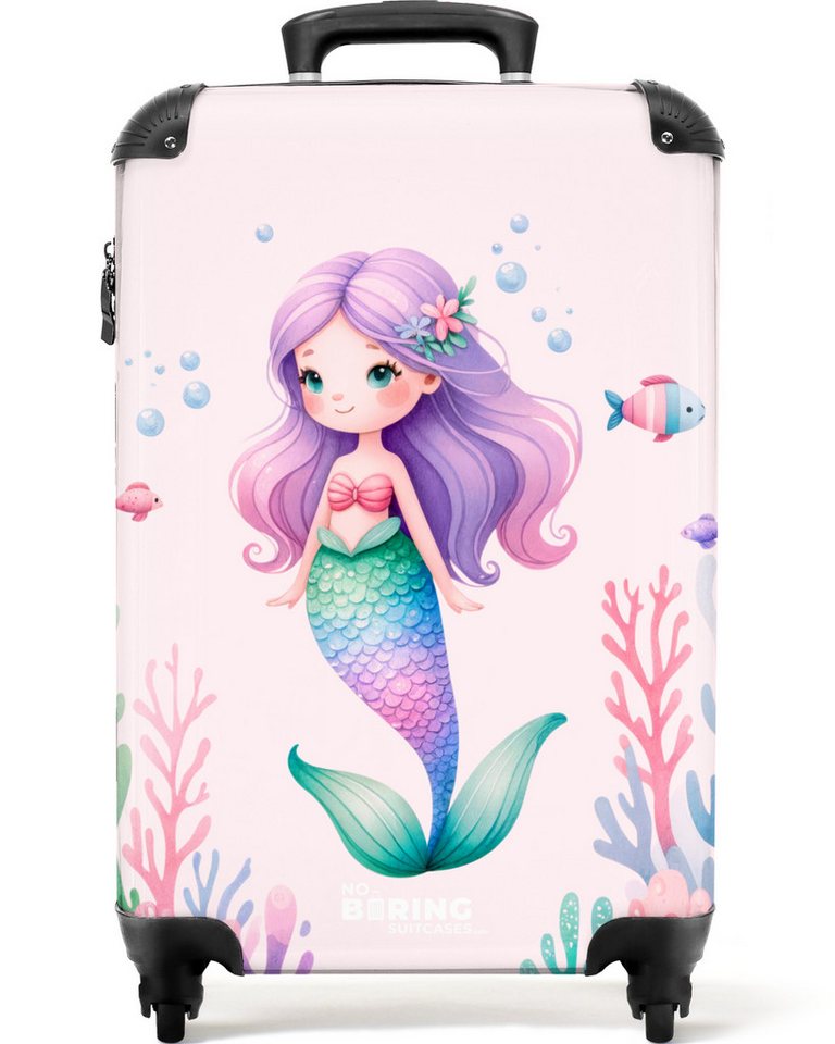 NoBoringSuitcases.com© Kinderkoffer Meerjungfrau umgeben von Fischen und Korallen 55x35x20cm, 4 Rollen, Handgepäck-Koffer, Kinderkoffer, Reisekoffer Mädchen
