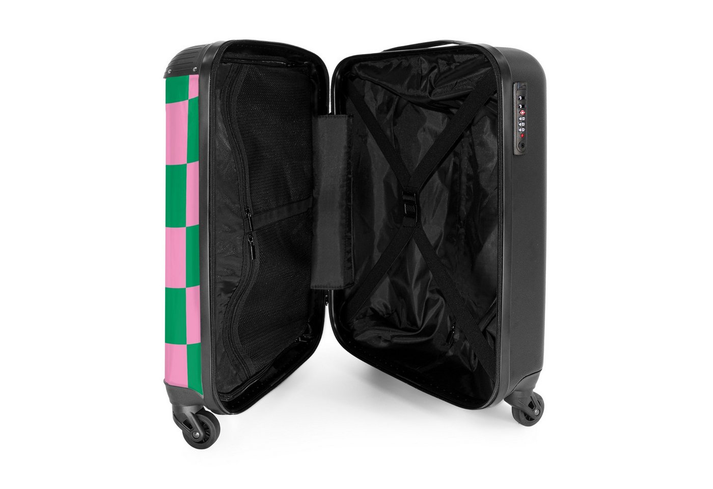 NoBoringSuitcases.com© Hartschalen-Trolley Rosa mit grünem Schachbrettmuster 55x35x20cm, Handgepäck Koffer & Trolleys, Luggage, Reisekoffer Frauen