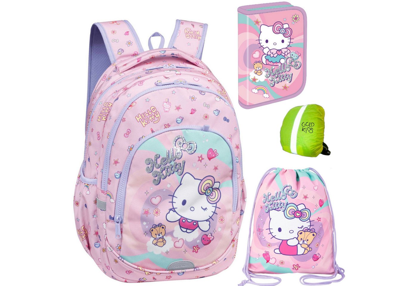 GOLDKIDS Schulranzen für Mädchen, 4er-Set - (Schul-Rucksack für Kinder mit Federmäppchen, 1-tlg., - Schuhbeutel und Regenschutz), - Hello Kitty Motiv