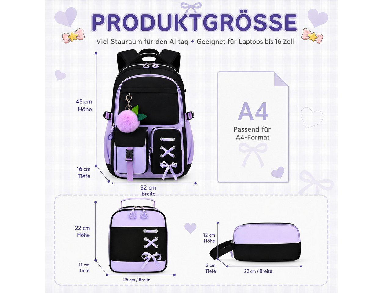 MOPUEA Schulrucksack Schulrucksack Set 3tlg Schulrucksack mit Lunchpaket und Mäppchen (3-tlg., Leicht Schulrucksack Teenager für Schule, Reisen und Freizeit), Rucksack für Unisex Verstellbarer Schultergurt Bild 2