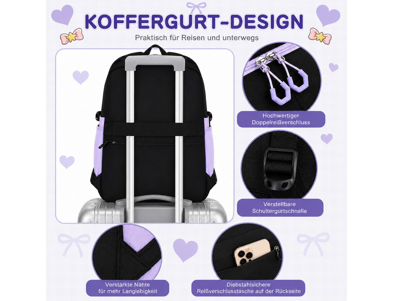 MOPUEA Schulrucksack Schulrucksack Set 3tlg Schulrucksack mit Lunchpaket und Mäppchen (3-tlg., Leicht Schulrucksack Teenager für Schule, Reisen und Freizeit), Rucksack für Unisex Verstellbarer Schultergurt Bild 3