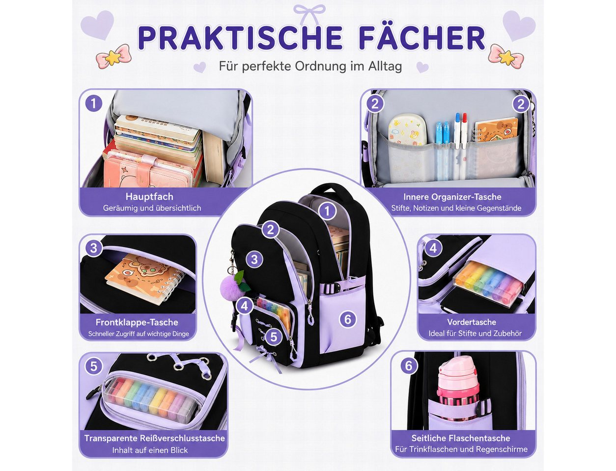MOPUEA Schulrucksack Schulrucksack Set 3tlg Schulrucksack mit Lunchpaket und Mäppchen (3-tlg., Leicht Schulrucksack Teenager für Schule, Reisen und Freizeit), Rucksack für Unisex Verstellbarer Schultergurt Bild 4