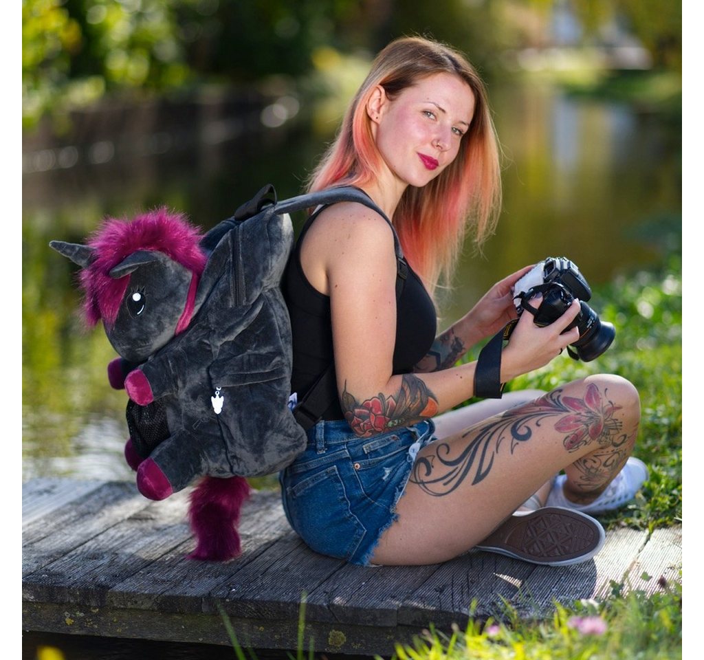 Corimori Rucksack Große Kuscheltier Plüsch Tasche (Einhorn und Bär), Flauschig, Backpack, Gothic, Kawaii Schulsachen, Kuscheltier, Motorrad