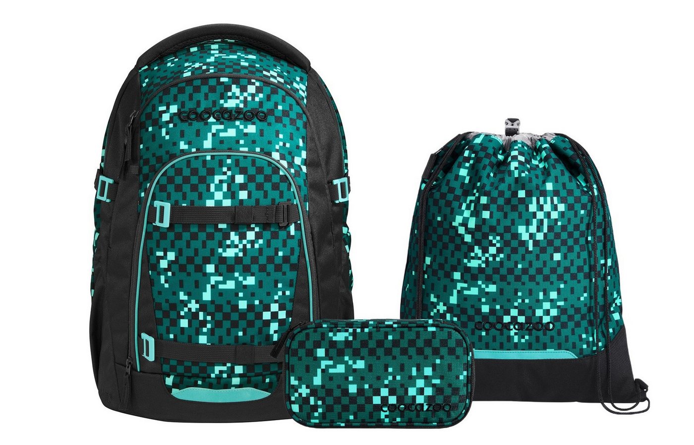 coocazoo Schulranzen Schulrucksack-Set MATE Pixel Blox 3-teilig (3-teilig), ergonomisch, Körpergröße: 135 - 180 cm, Easy-Grow-System