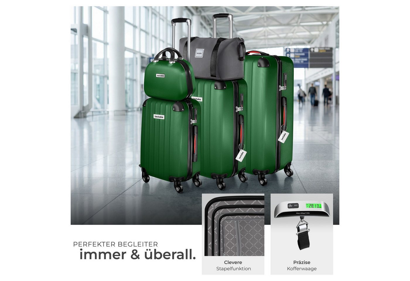 tectake Trolley Hartschalenkoffer-Set 19-teilig aus ABS-Kunststoff, Kofferwaage, 4 Rollen, TSA-Schloss, 360° drehbare, abnehmbare Rollen, mit Packwürfelset