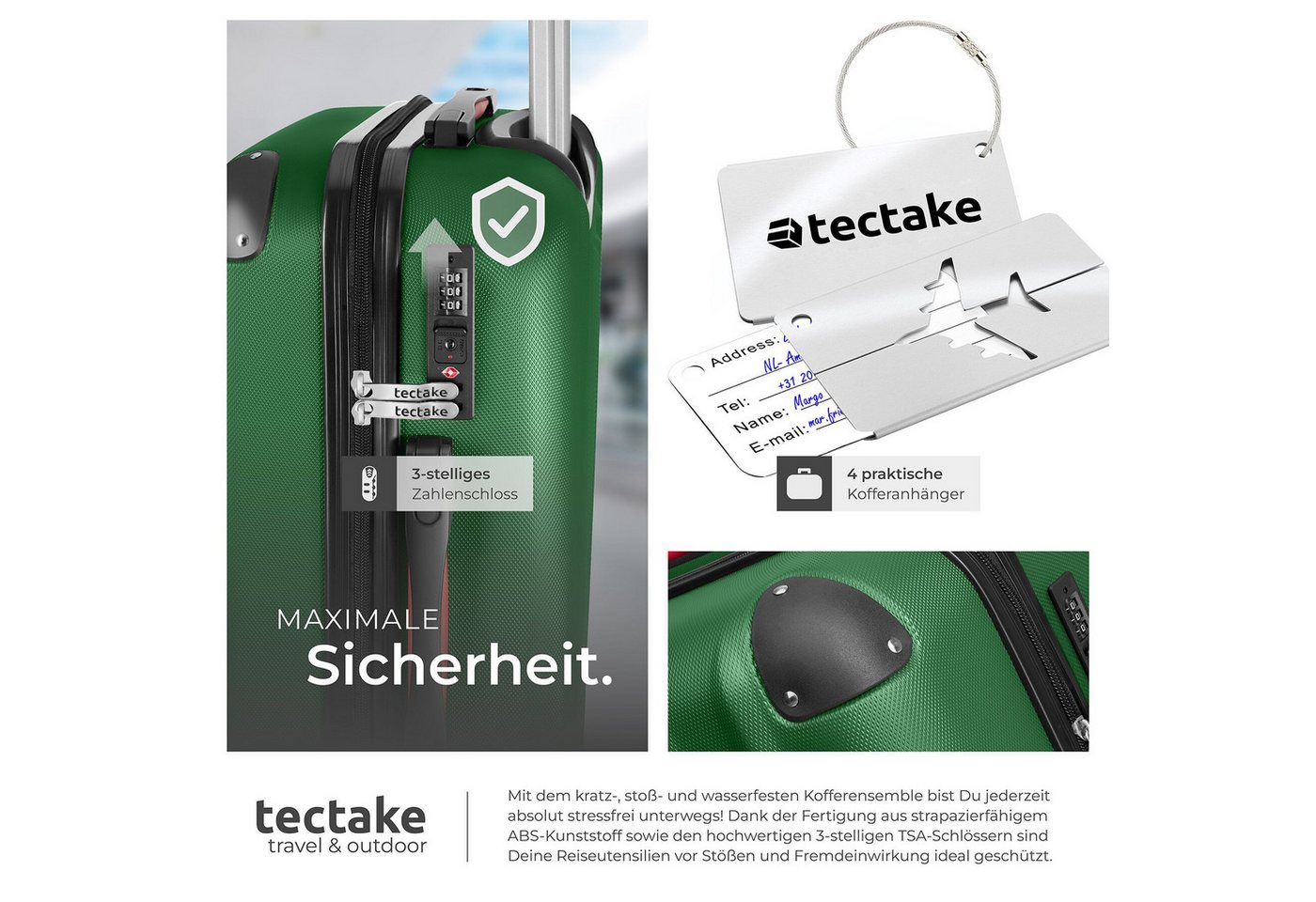 tectake Trolley Hartschalenkoffer-Set 19-teilig aus ABS-Kunststoff, Kofferwaage, 4 Rollen, TSA-Schloss, 360° drehbare, abnehmbare Rollen, mit Packwürfelset Bild 2