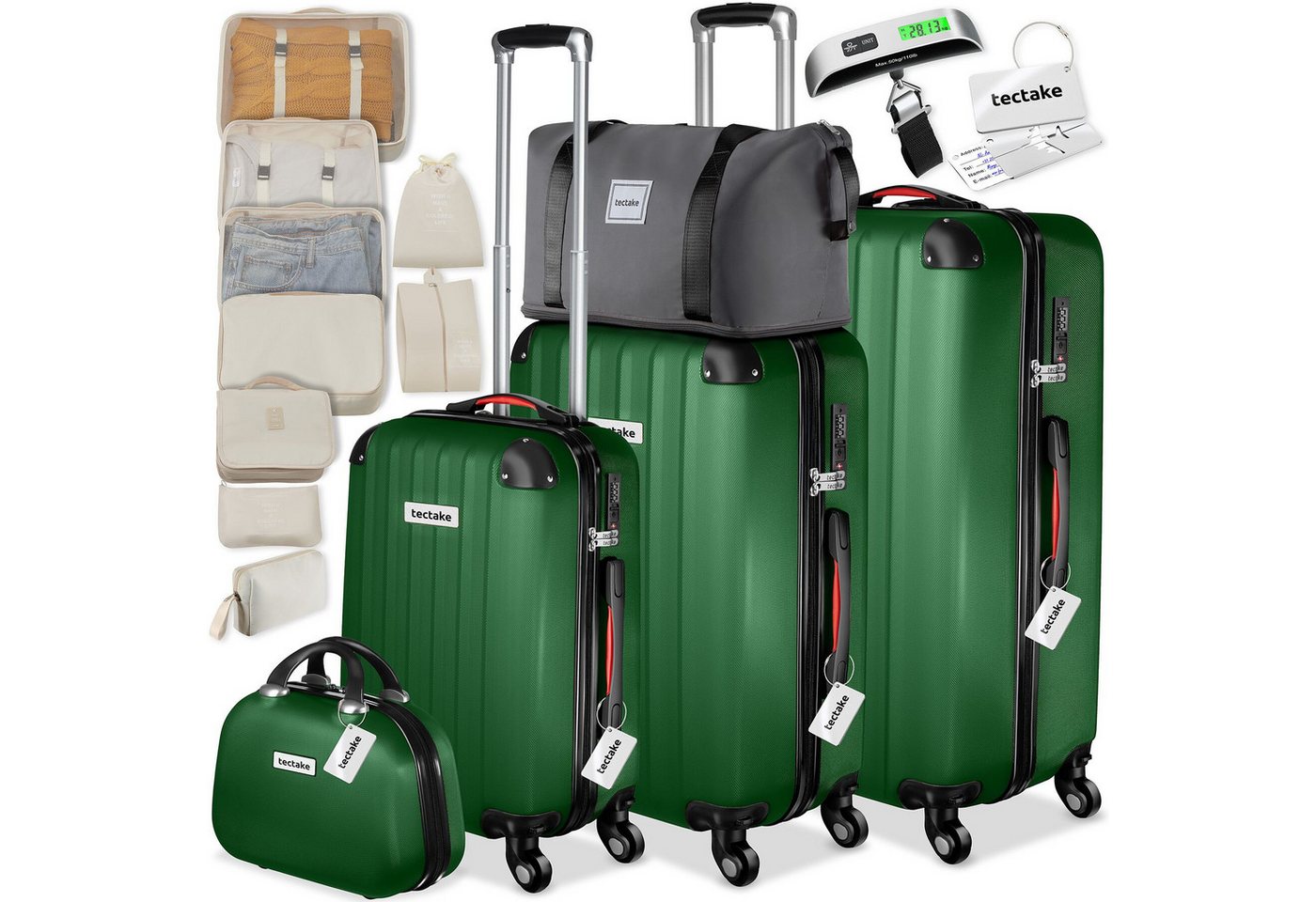 tectake Trolley Hartschalenkoffer-Set 19-teilig aus ABS-Kunststoff, Kofferwaage, 4 Rollen, TSA-Schloss, 360° drehbare, abnehmbare Rollen, mit Packwürfelset Bild 3