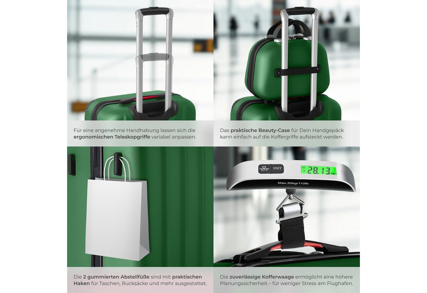 tectake Trolley Hartschalenkoffer-Set 19-teilig aus ABS-Kunststoff, Kofferwaage, 4 Rollen, TSA-Schloss, 360° drehbare, abnehmbare Rollen, mit Packwürfelset Bild 4