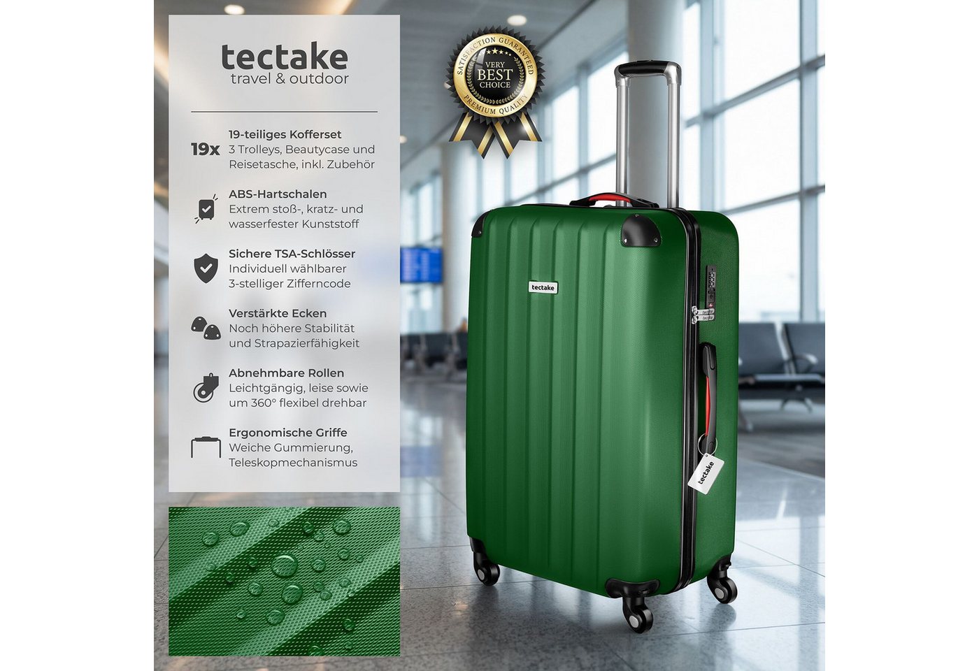 tectake Trolley Hartschalenkoffer-Set 19-teilig aus ABS-Kunststoff, Kofferwaage, 4 Rollen, TSA-Schloss, 360° drehbare, abnehmbare Rollen, mit Packwürfelset Bild 5