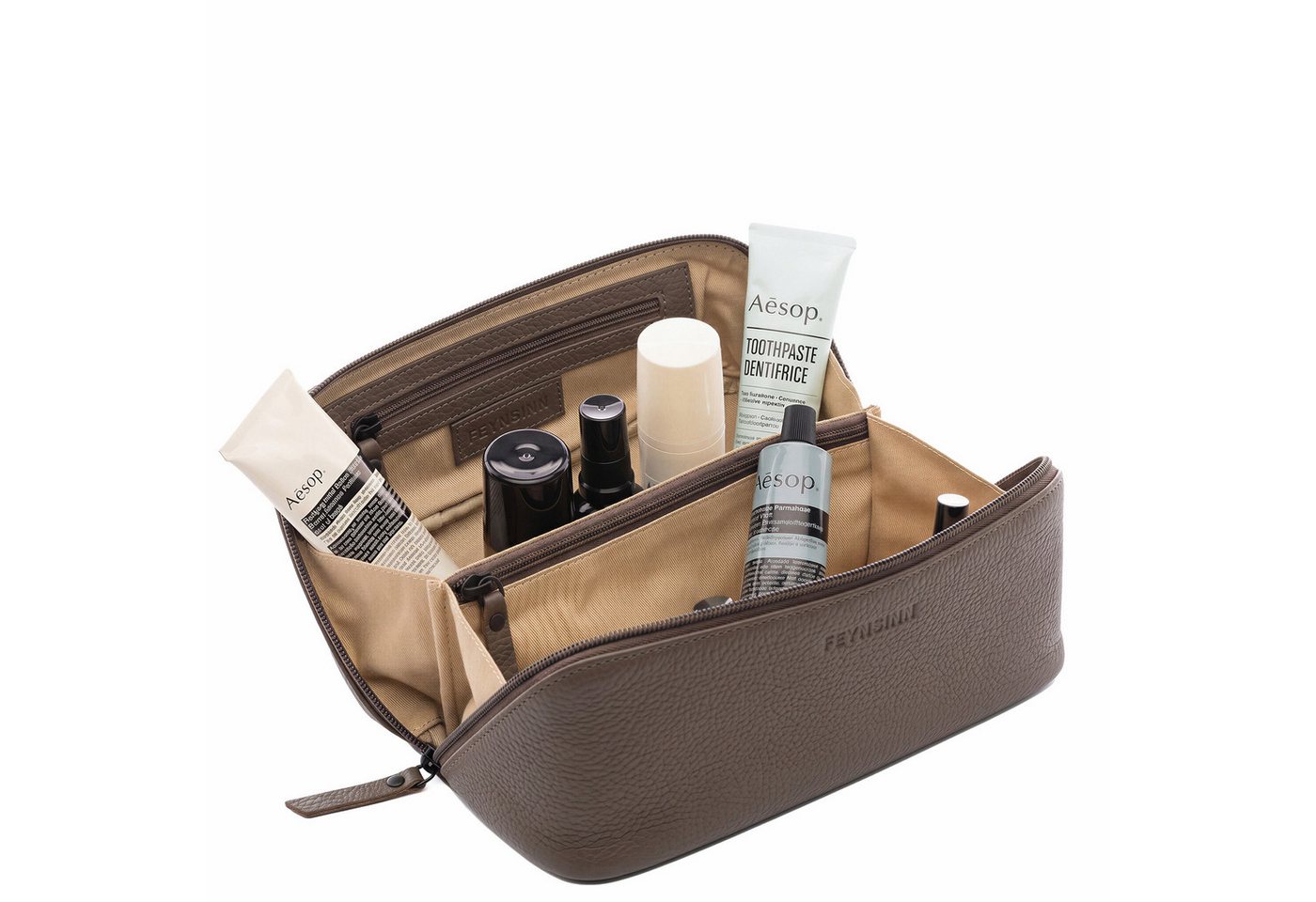 FEYNSINN Kosmetiktasche echt Leder Kulturtasche BO groß Ledertasche Waschbeutel unisex, Waschbeutel Echtleder Damen Herren, Kosmetiktasche taupe