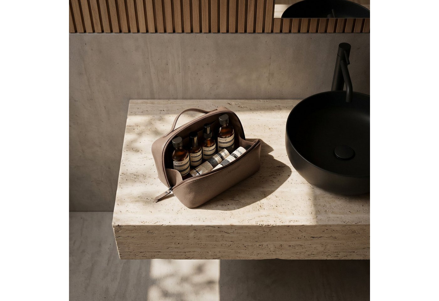 FEYNSINN Kosmetiktasche echt Leder Kulturtasche BO groß Ledertasche Waschbeutel unisex, Waschbeutel Echtleder Damen Herren, Kosmetiktasche taupe Bild 4