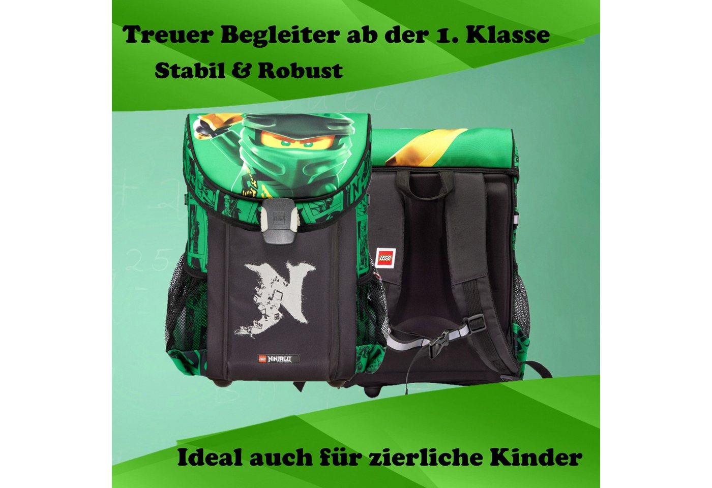 LEGO® Bags Schulranzen Lego Ninjago Einschulungs-Set "Easy" mit Brotdose und Trinkflasche (Set, 8-tlg., mit Brotdose und Trinkflasche), ab der 1. Klasse, Ultra-Leicht, 16L Volumen, wasserabweisend