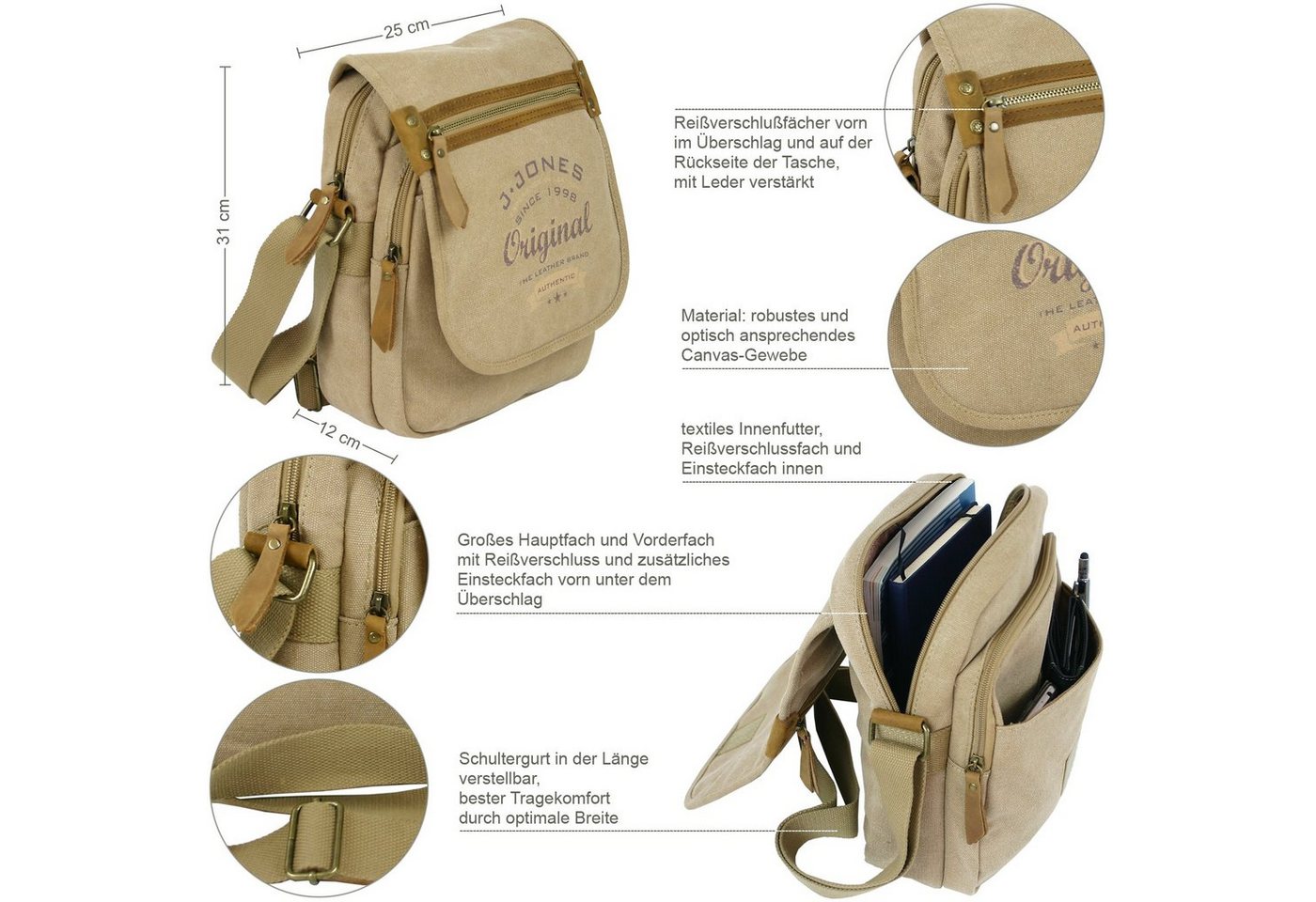 J JONES JENNIFER JONES Messenger Bag - Schultertasche aus Canvas - Umhängetasche 9 Liter Volumen, 25x31x12 cm Bild 4
