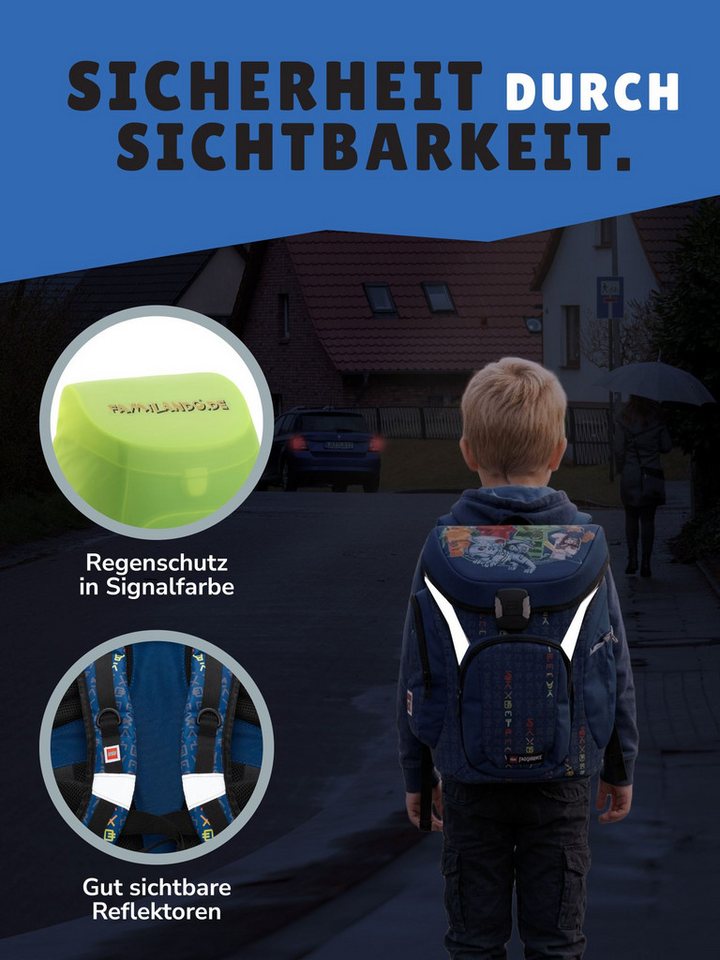 LEGO® Bags Schulranzen Explorer Lego Ninjago Schultasche Blau ab der 1. Klasse (Set, 6-tlg., mit Federmäppchen, Schlamper, Geldbeutel & Turnbeutel), ergonomisch, mit Hüft- & Brustgurt, Ninja Family