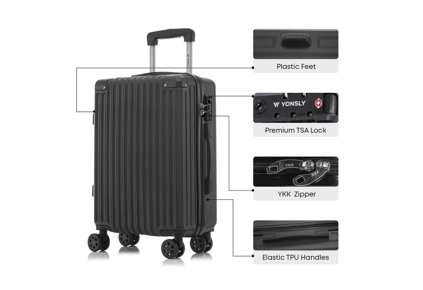 YONSLY Trolley Premium Hartschalen-Reisekoffer Trolley Handgepäck, 4 Rollen, TSA-Schloss, YKK-Reißverschluss, ABS-Hartschale, Aluminium Bild 2