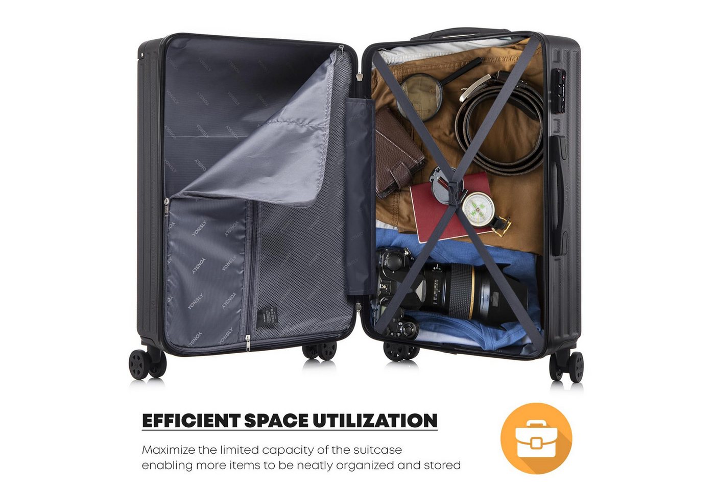 YONSLY Trolley Premium Hartschalen-Reisekoffer Trolley Handgepäck, 4 Rollen, TSA-Schloss, YKK-Reißverschluss, ABS-Hartschale, Aluminium Bild 3
