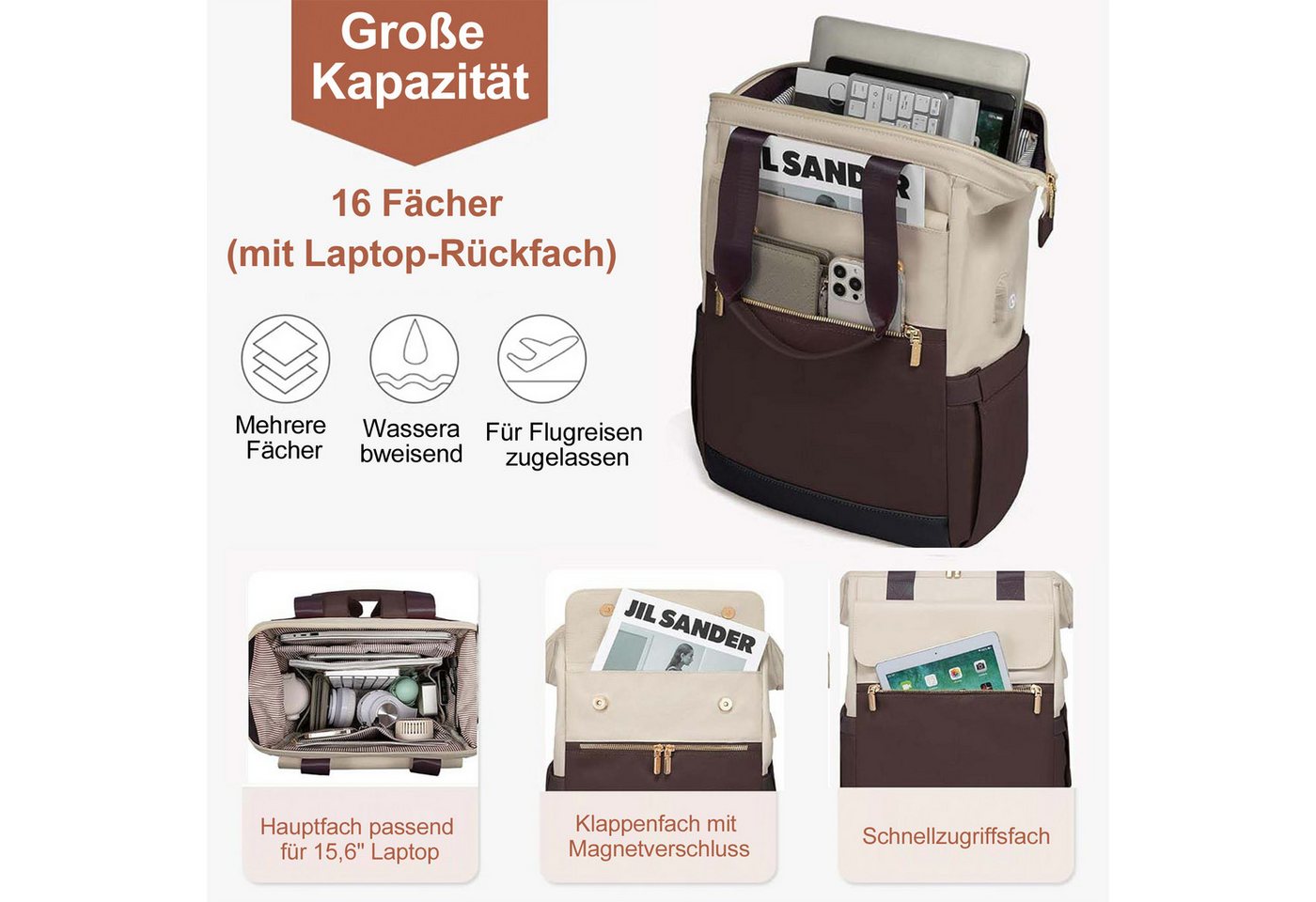 Mutig Rucksack Rucksakck Damen 16 Zoll,Diebstahlsicher Cityrucksack Wasserdicht (Laptop Schulrucksack Tagesrucksäcke Handtasche 2 in 1, Schultasche Teenager, Backpack Women, Elegant modische, große Kapazität), für Damen und Herren,College,Reisen, Business, Alltag,Indoor & Outdoor Bild 5