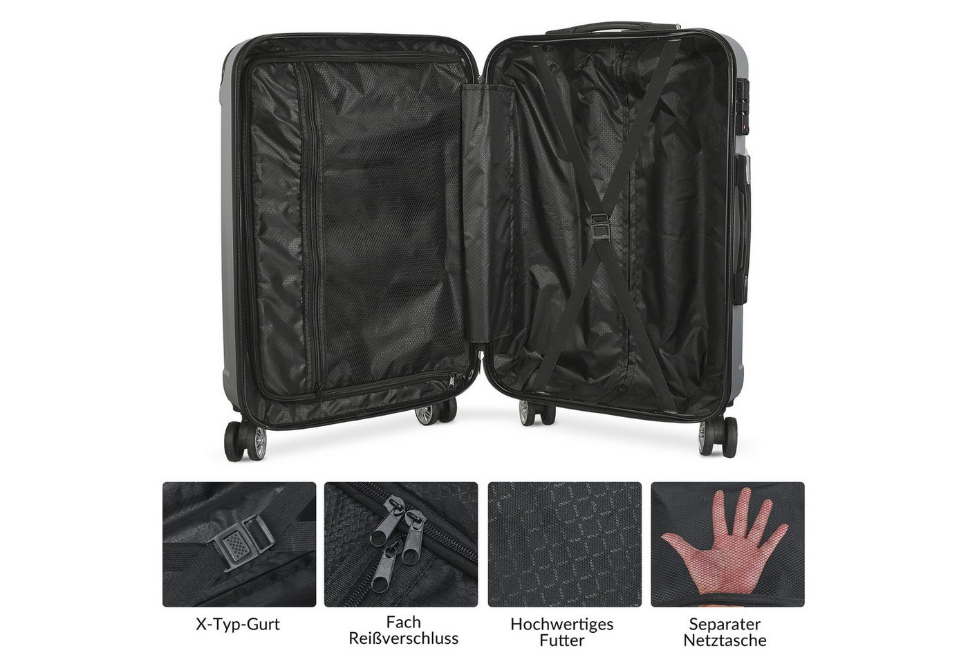 zebery Kofferset Trolleyset Reisekoffer ABS Hartschalenkoffer mit Zahlenschloss, Hartschalen Rollkoffer,3 tlg,4 Rollen,ABS-Material, grau-A Bild 2