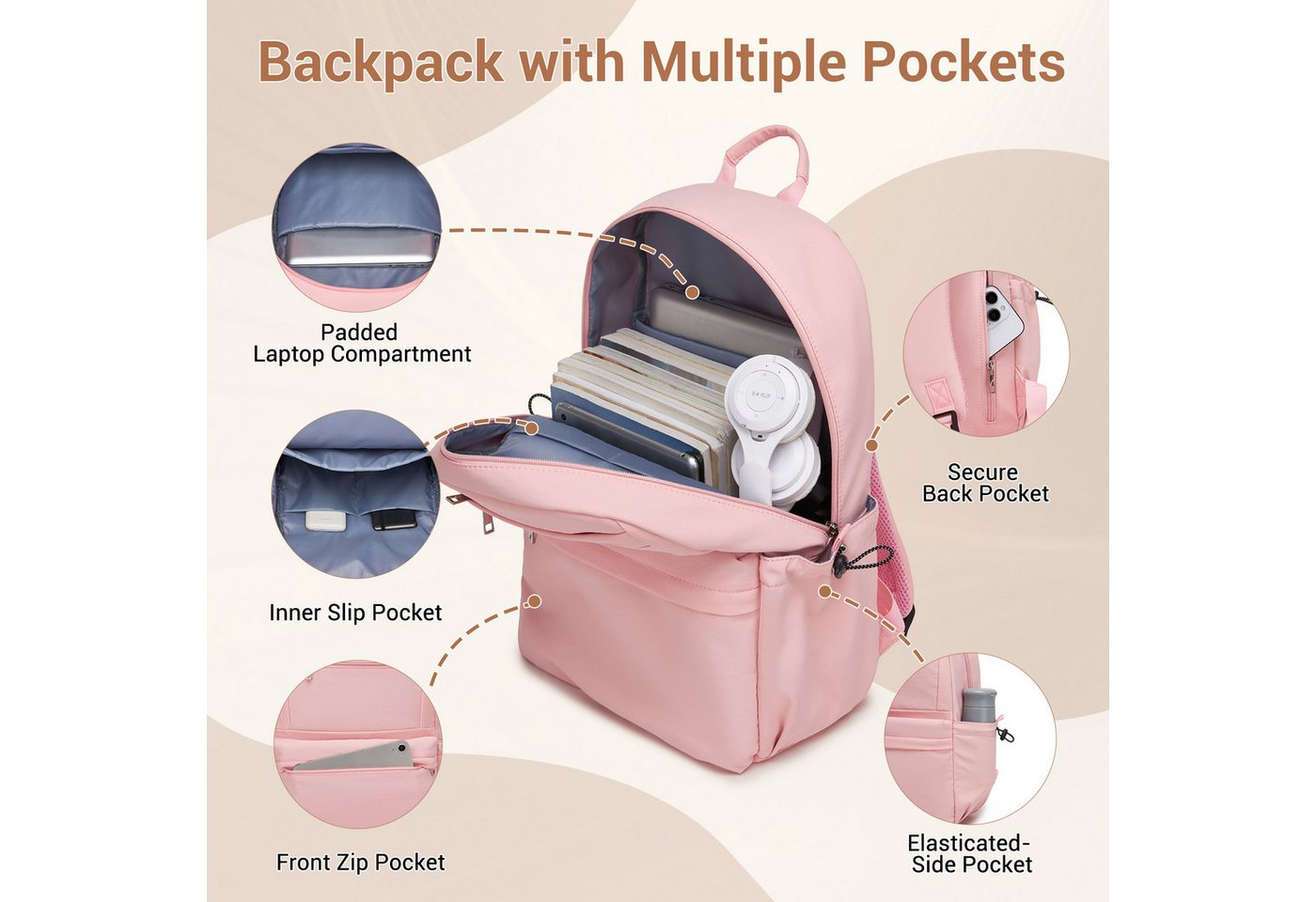 KONO Schulrucksack Laptop-Rucksack 15,6 Zoll, 18L, 44×29×14cm, leicht für Schule Bild 3