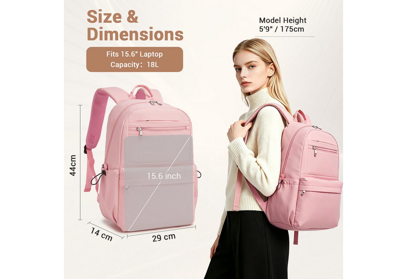 KONO Schulrucksack Laptop-Rucksack 15,6 Zoll, 18L, 44×29×14cm, leicht für Schule Bild 4