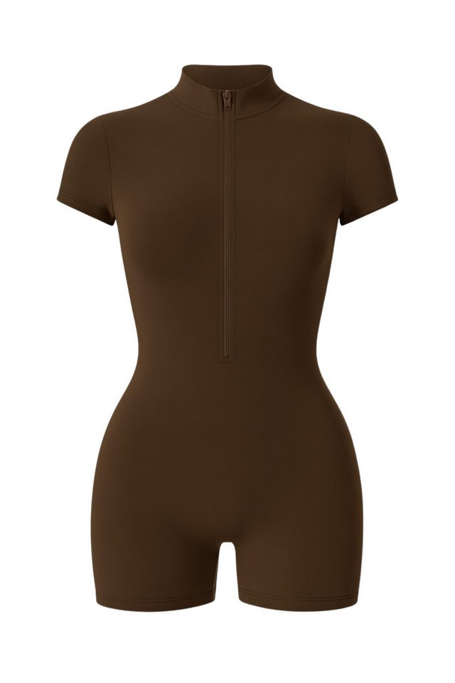 FemmeTone Turnanzug Damen Kurzarm Sport-Jumpsuit – Yoga Overall mit Reißverschluss (Einteiler, Einzelteil), Fitness Activewear – elastische Sportbekleidung für Workout, Tanz, Gym Bild 2