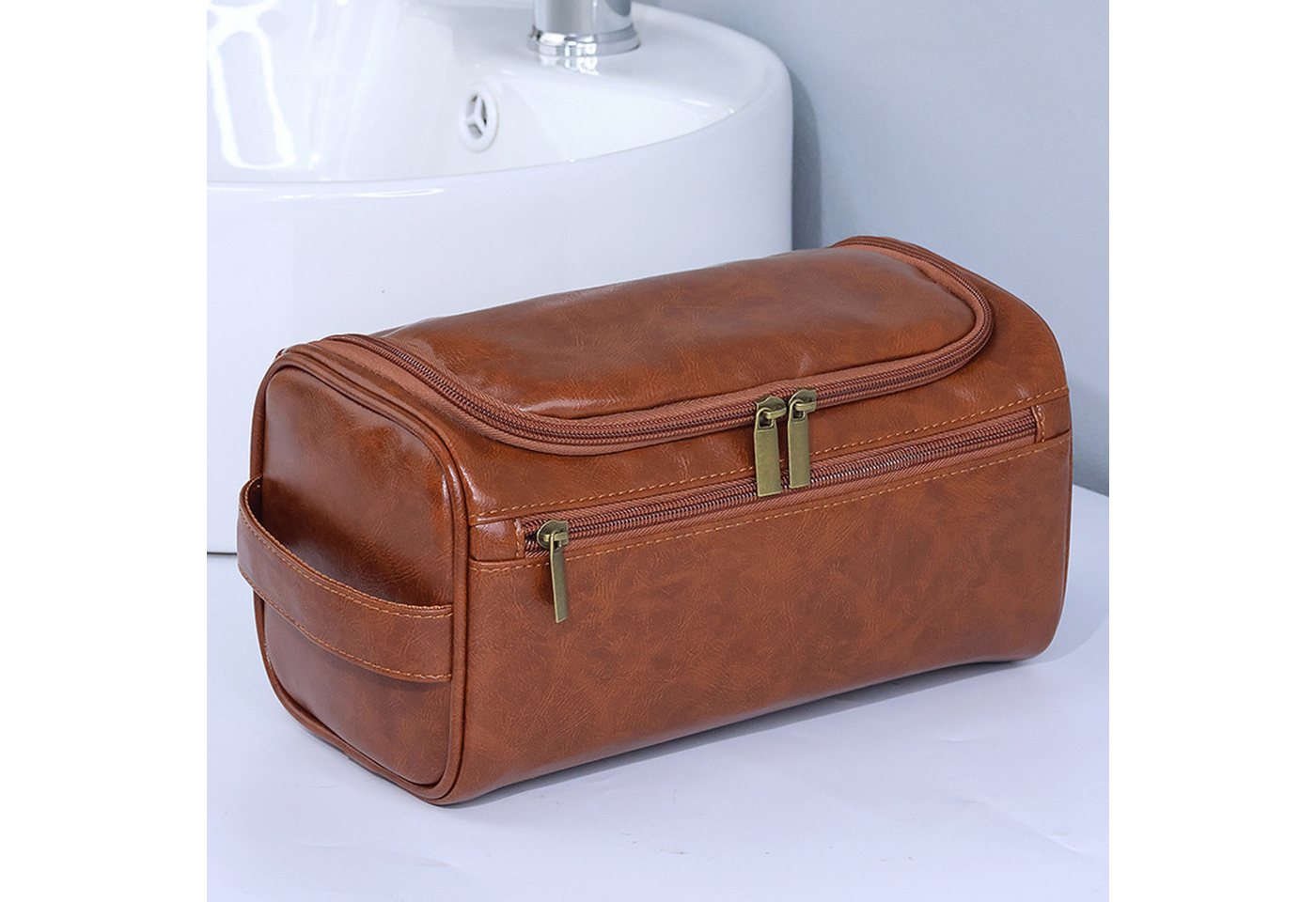 Renna Leather Kulturbeutel Leder Kosmetiktasche mit 2 Fächern für Reise