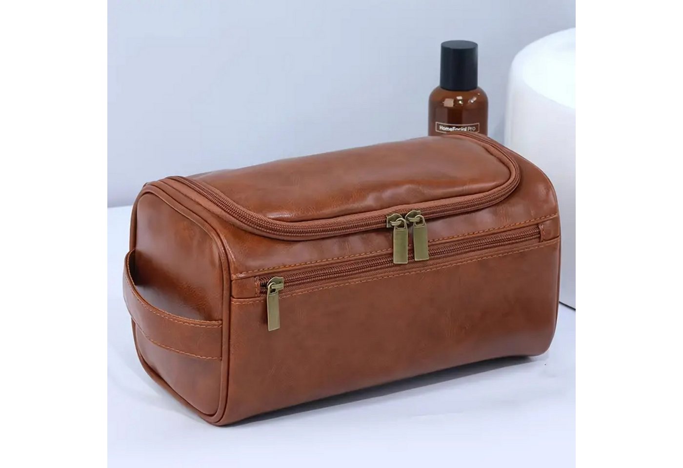 Renna Leather Kulturbeutel Leder Kosmetiktasche mit 2 Fächern für Reise Bild 2