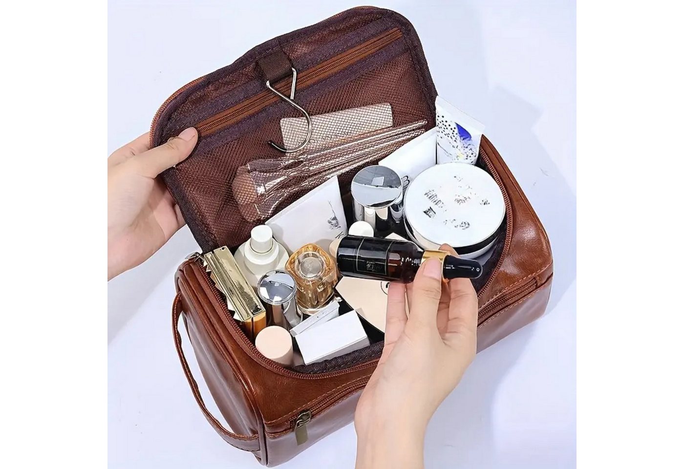 Renna Leather Kulturbeutel Leder Kosmetiktasche mit 2 Fächern für Reise Bild 4