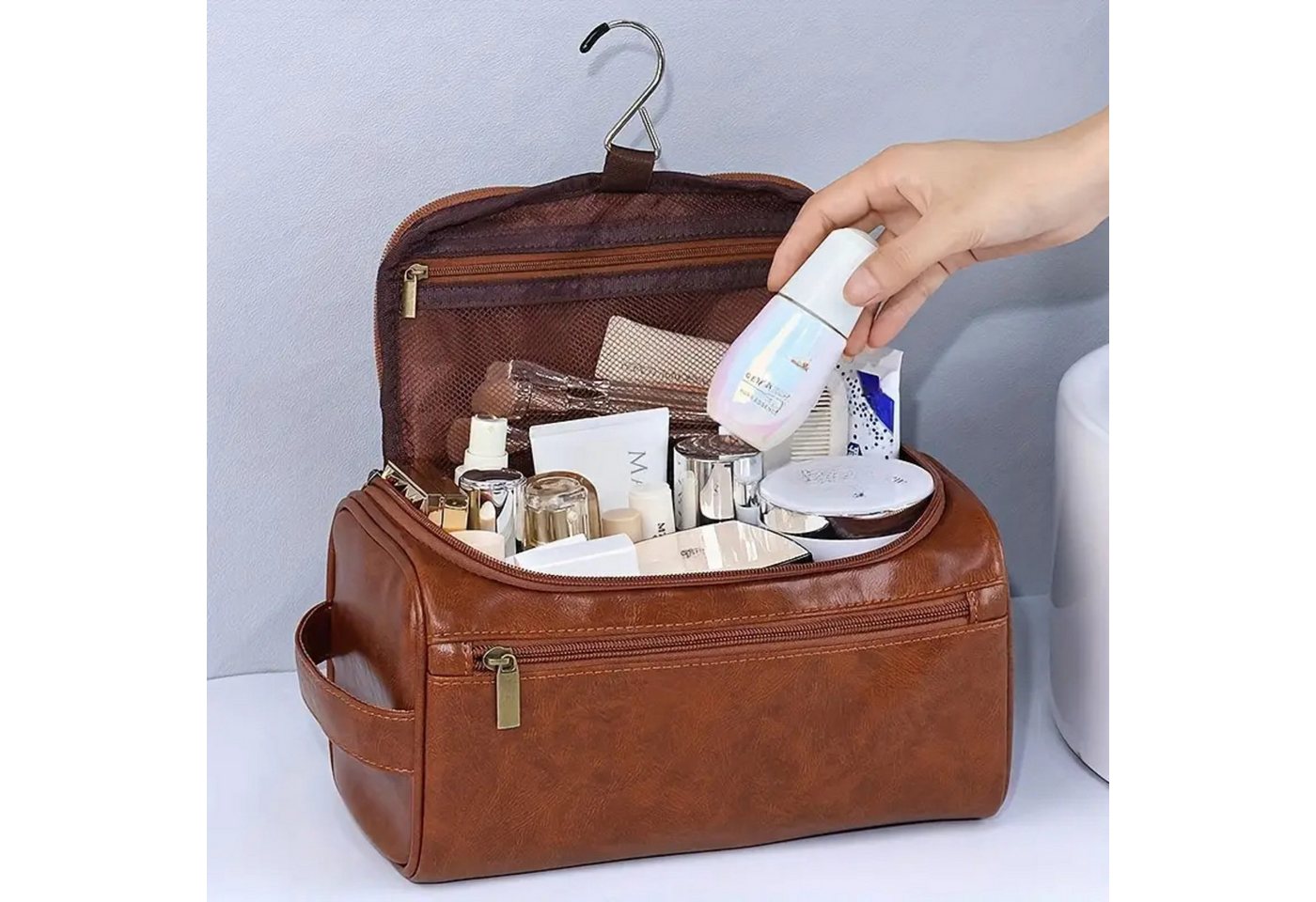 Renna Leather Kulturbeutel Leder Kosmetiktasche mit 2 Fächern für Reise Bild 5