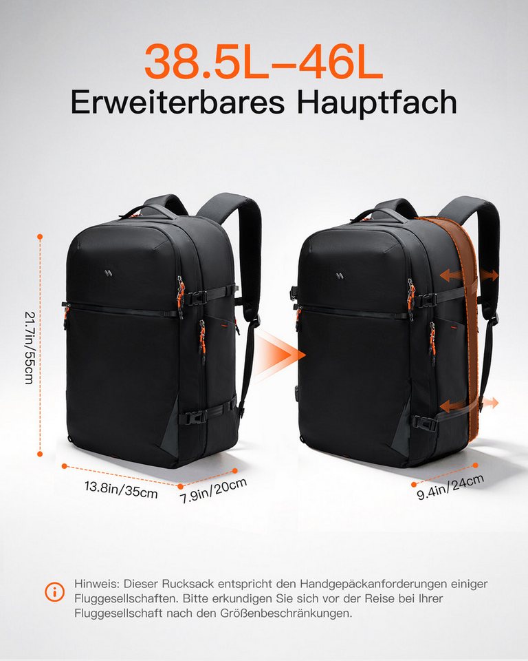 Inateck Reiserucksack Leichter 38.5-46L Lerweiterbarer Handgepäck Flugzeug Rucksack, für 16 Zoll Laptop, Spritzwassergeschützt Bild 3