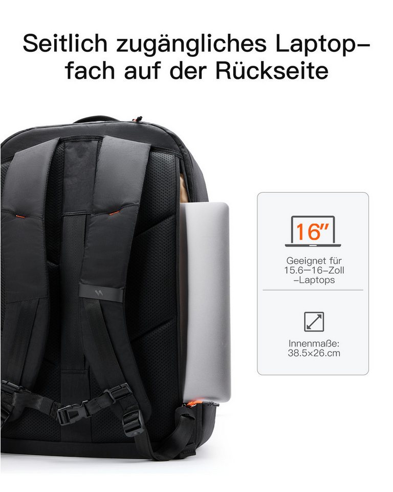 Inateck Reiserucksack Leichter 38.5-46L Lerweiterbarer Handgepäck Flugzeug Rucksack, für 16 Zoll Laptop, Spritzwassergeschützt Bild 4