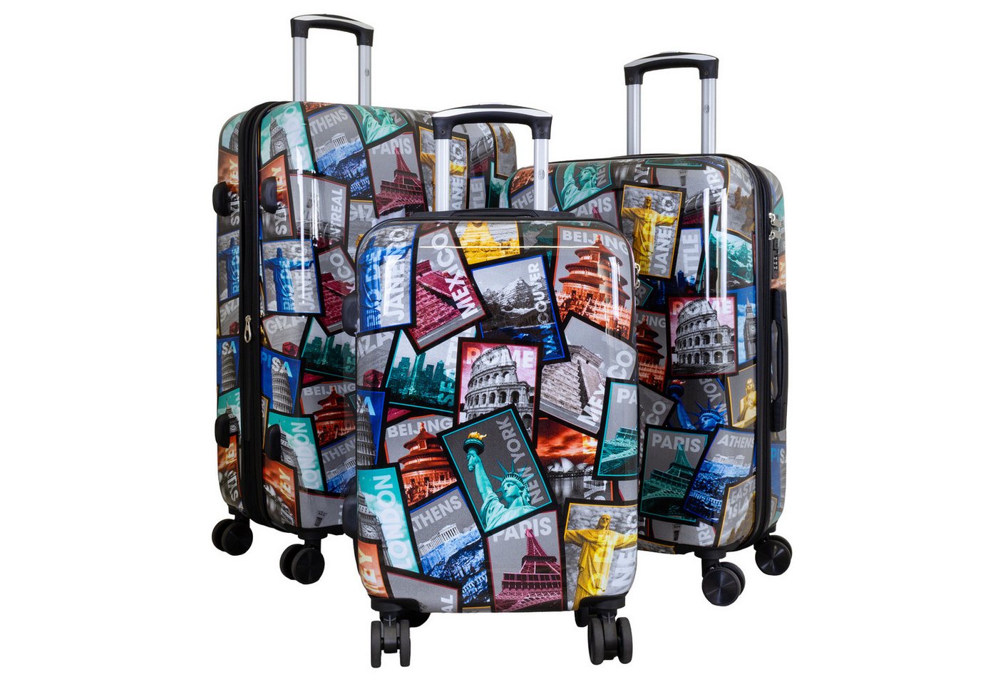 Trendyshop365 Hartschalen-Trolley City bunter Motivoffer 3 Größen Städte Mix, Zahlenschloss, Polycarbonat, Dehnfalte