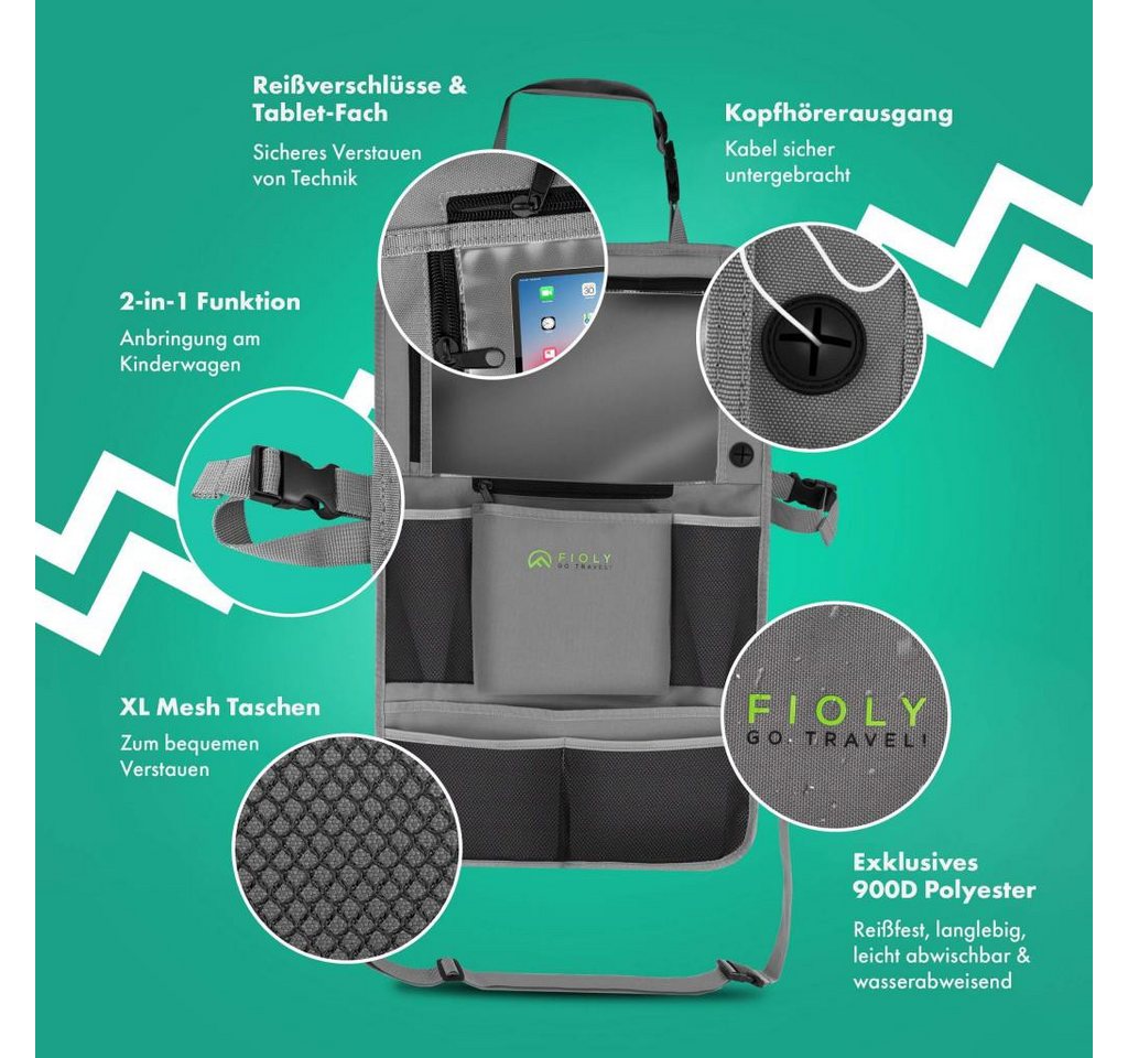 Fioly Rücksitzorganizer Tasche für KFZ Kopfstütze Kind Baby Stauraum für Autositz, Tablet Fach, Befestigungsschlaufen Bild 3