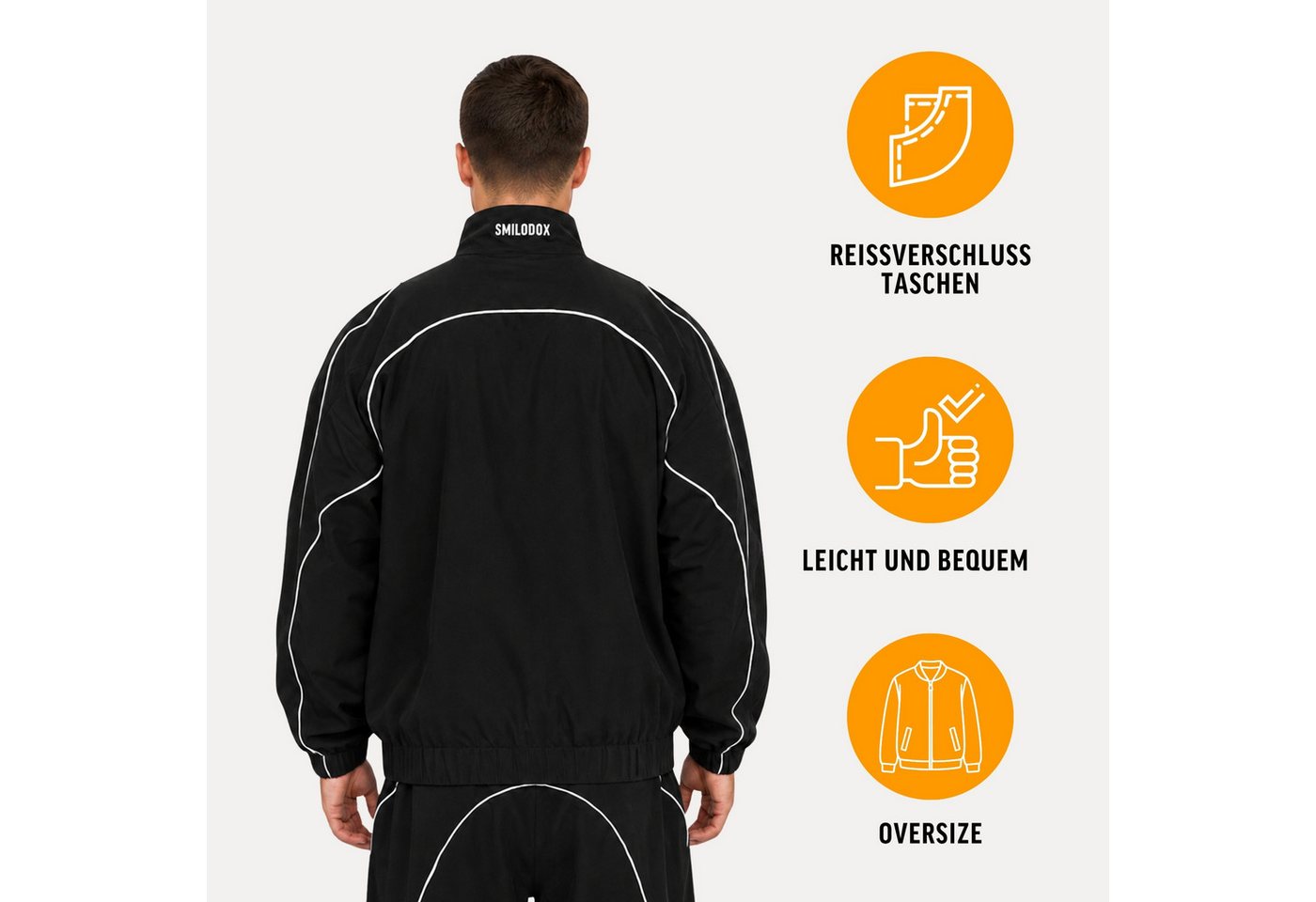 Smilodox Outdoorjacke Kyson, Trainingsjacke Herren, Oversize Sportjacke, Trackjacke, Gym Baggy, Kontrastpaspeln, Stehkragen, Zip, Taschen Bild 2