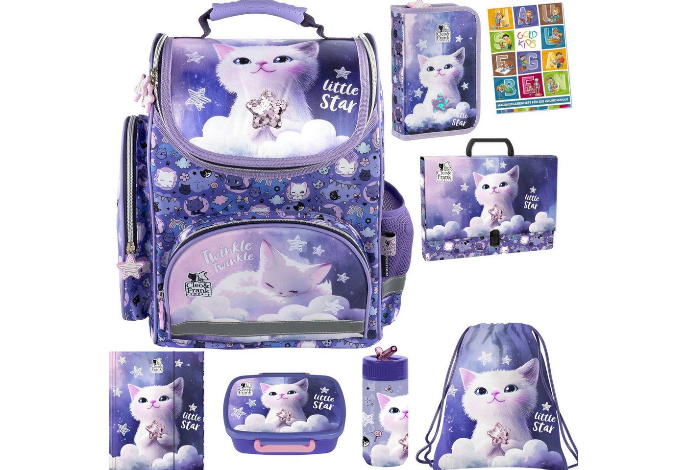 GOLDKIDS Schulranzen für Mädchen, 8er-Set - (Schul-Rucksack für Kinder mit Federmäppchen, 1-tlg., - Schuhbeutel Trinkflasche und Brotdose), - Katze Motiv- 1-3 Klasse Bild 3